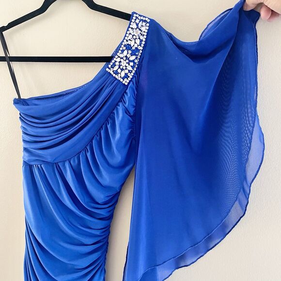 Jodi Kristopher Formal Bodycon Mini Dress S Royal Blue One Shoulder Rhinestones - Picture 5 of 10